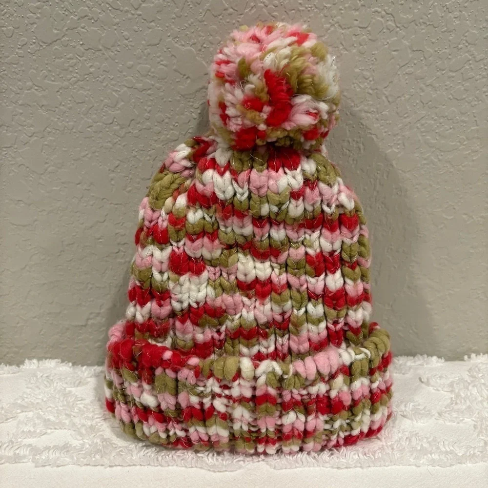 KNITTED CUFFED POM BEANIE Toddler Girl Sz OS Casual Cozy Winter Cabin Northern